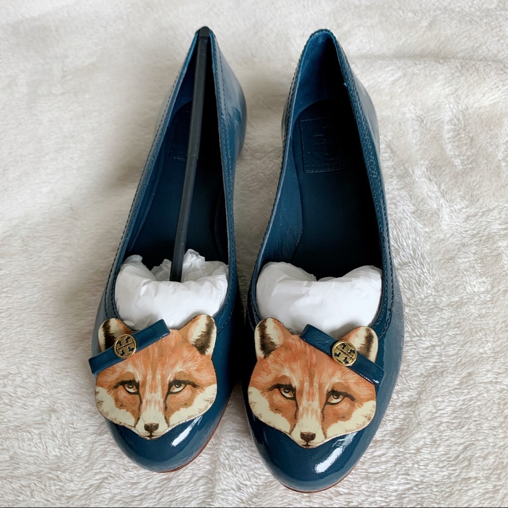 NIB Tory Burch Patent Leather Fox 🦊 Front Flats Blue 36